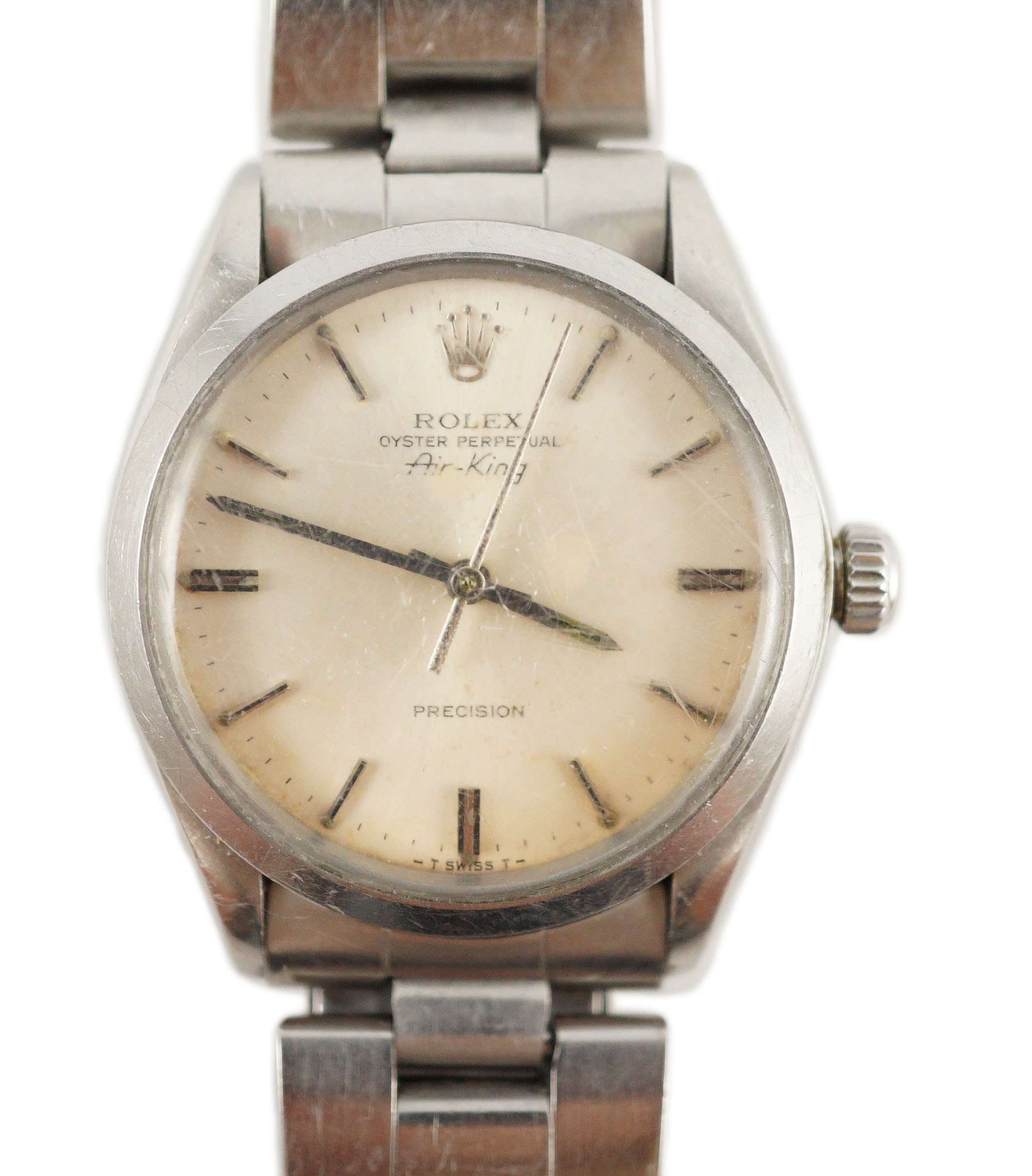 A gentleman's 1960's stainless steel Rolex Oyster Perpetual Air-King wrist watch, on a stainless steel Rolex bracelet